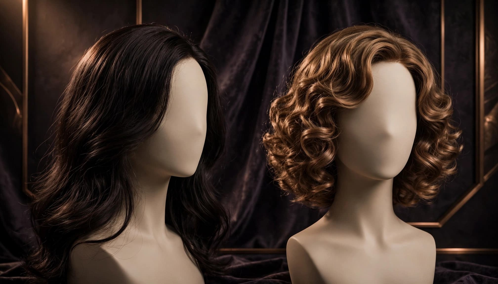 Two mannequin heads display a smooth dark wig and a softly curled wig.