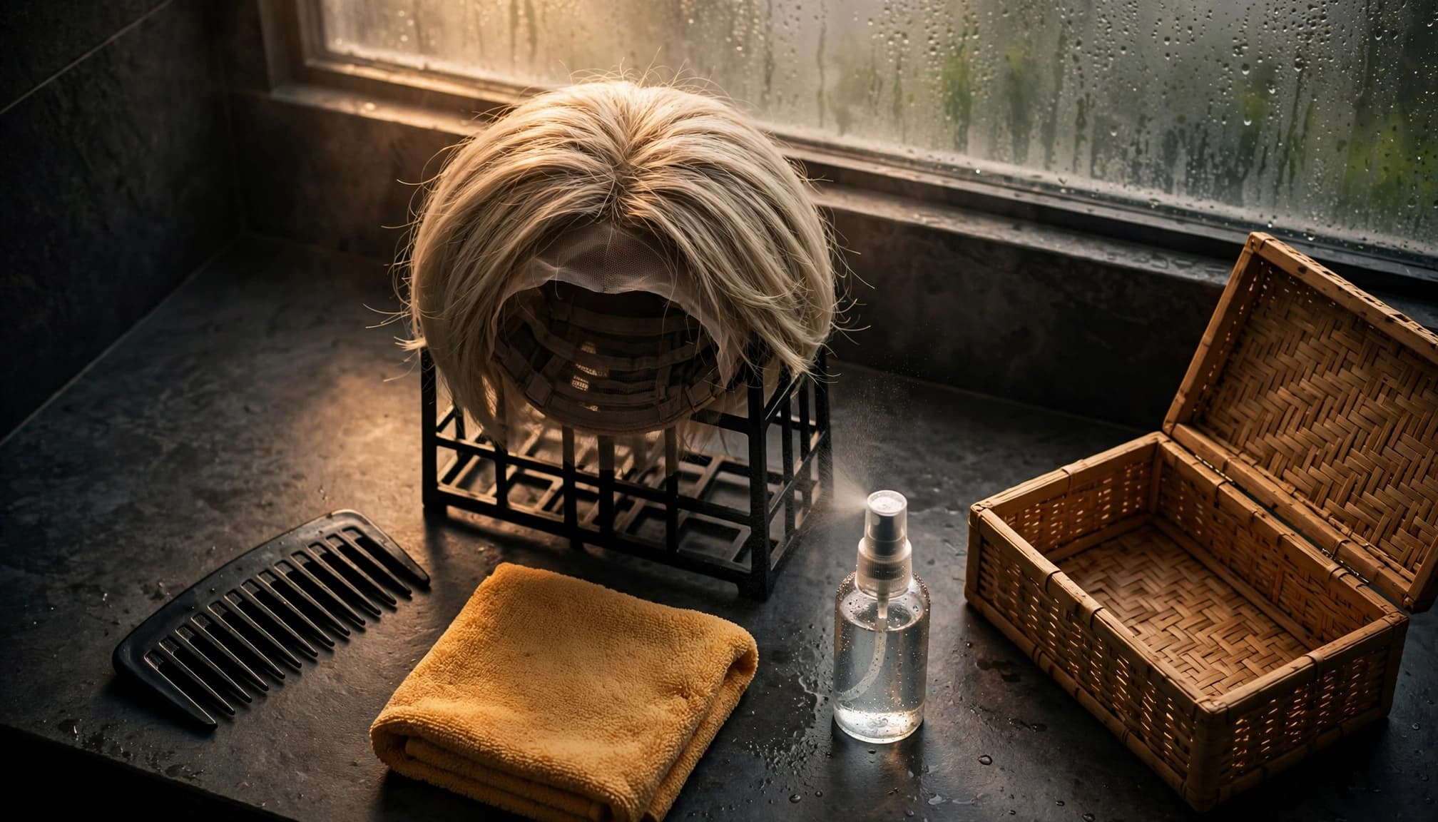 Wig care items arranged on a bathroom vanity beside a window.
