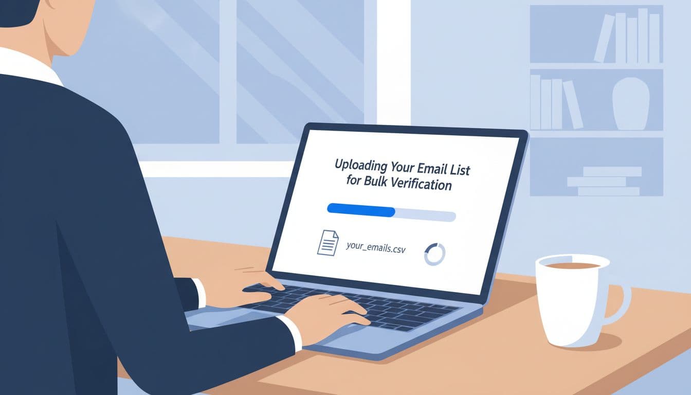Illustration of a person at a modern desk using a laptop to upload a CSV file for bulk email verification on Hunter.io, with upload progress shown and a coffee mug nearby.