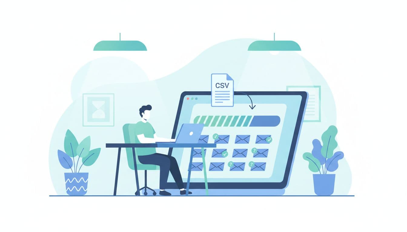 Modern illustration of a person uploading a CSV file of emails into Hunter.io bulk verifier on a laptop, with progress bar and email check icons in a plant-filled office.