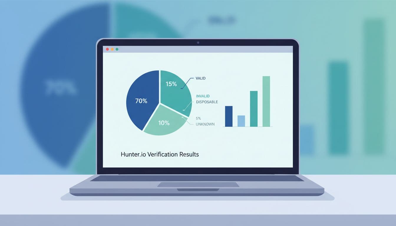 Modern illustration of a dashboard on a laptop screen showing Hunter.io bulk email verification results via pie chart or bar graph with percentages for valid, invalid, disposable, and unknown emails, set on a clean desk with blue and green color palette.