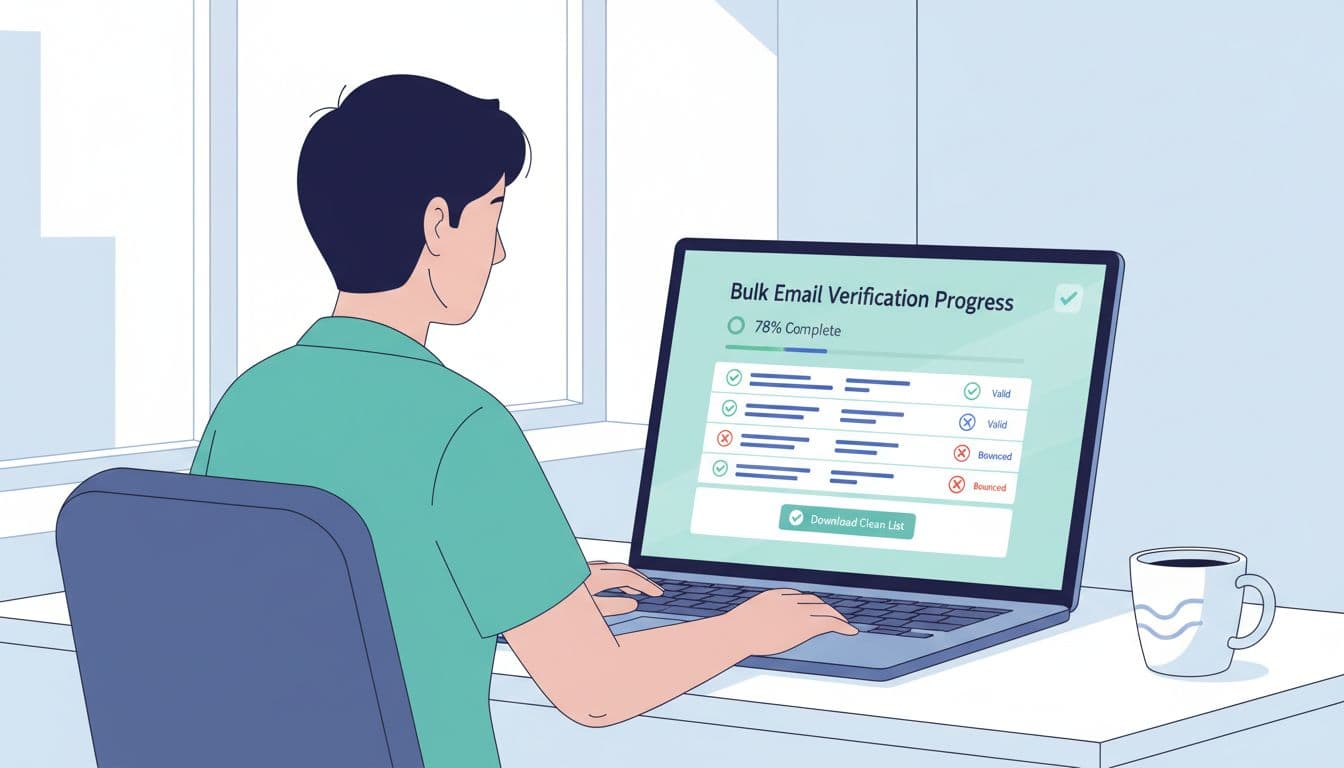 Modern illustration of a marketer at a desk using Hunter.io dashboard for bulk email verification, with green checkmarks on valid emails, red X on bounces, and progress indicator on laptop screen in a bright office.