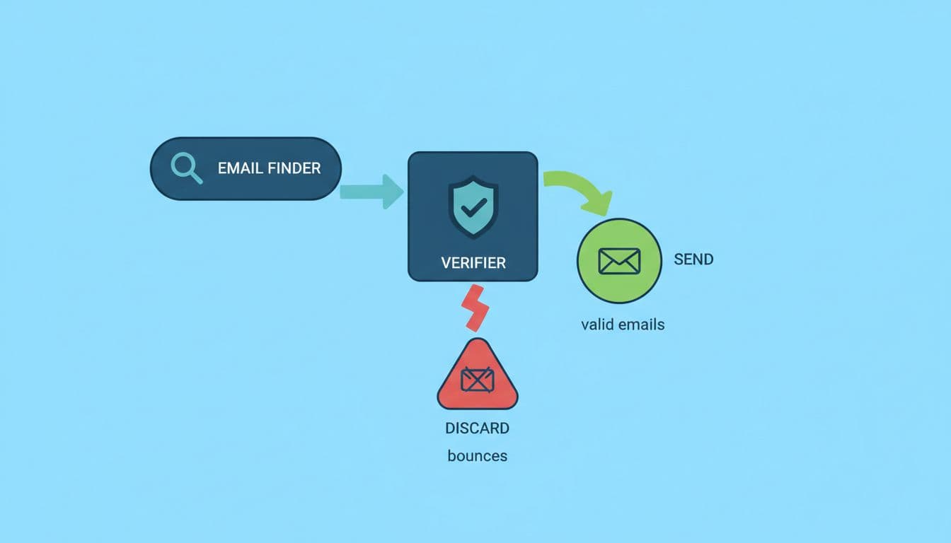 Modern flowchart illustration in blue-green palette showing Hunter.io cold email process: email finder to verifier, green path for valid emails to send, red path for bounces to discard, with simple icons.
