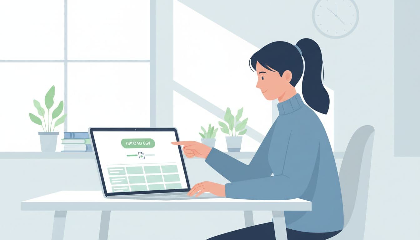 Modern illustration of a marketer at a desk uploading a CSV file to Hunter.io bulk email verification dashboard on laptop screen in a clean office.