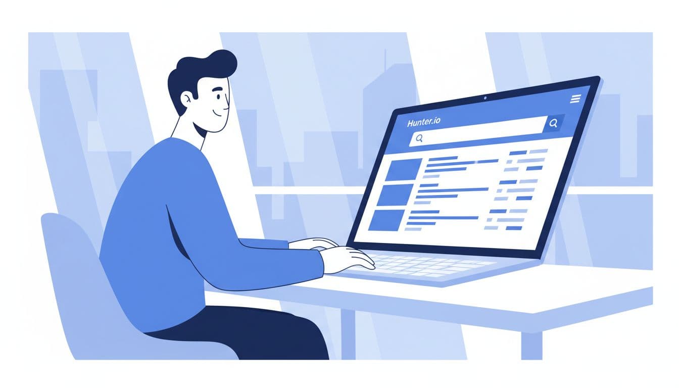 Modern illustration of a business professional at a modern desk in a bright office, using a laptop to search the Hunter.io dashboard for professional email addresses, with screen showing search bar and results list, emphasizing workflow excitement.