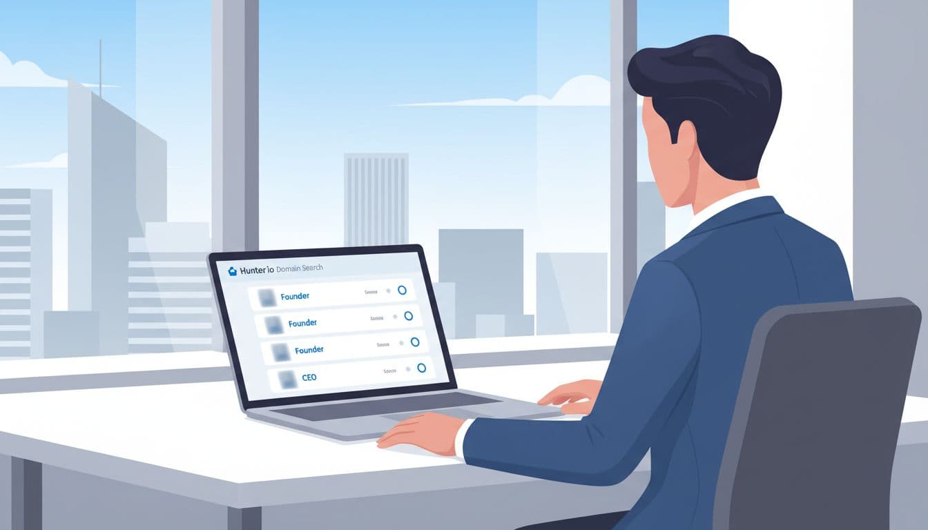 Focused business professional at modern desk with laptop displaying Hunter.io Domain Search results showing professional emails with Founder and CEO titles, office with city view background.