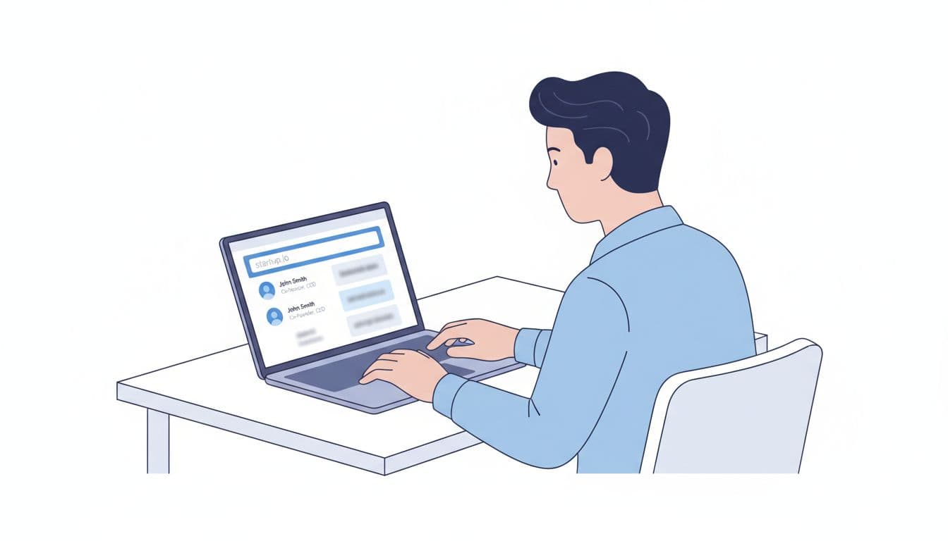 Illustration of a focused professional at a clean desk using a laptop to search Hunter.io for startup founder emails, with dashboard showing domain search interface and results list in modern clean style.