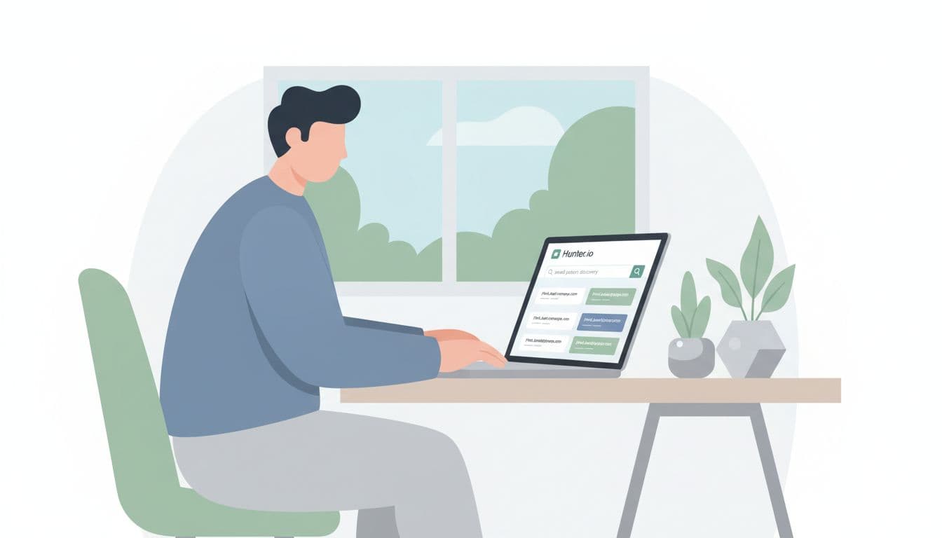 Modern illustration of a person at a desk focused on a laptop screen showing the Hunter.io interface for searching email patterns, in a simple office with soft natural lighting.