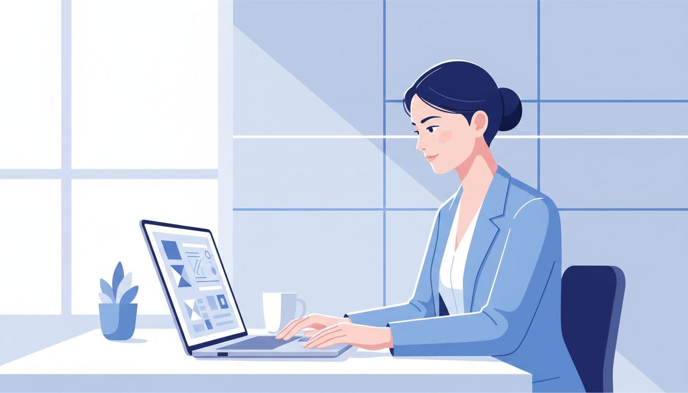 Modern illustration of a focused professional at a clean desk using a laptop with email verification tool interface, in blues and whites.