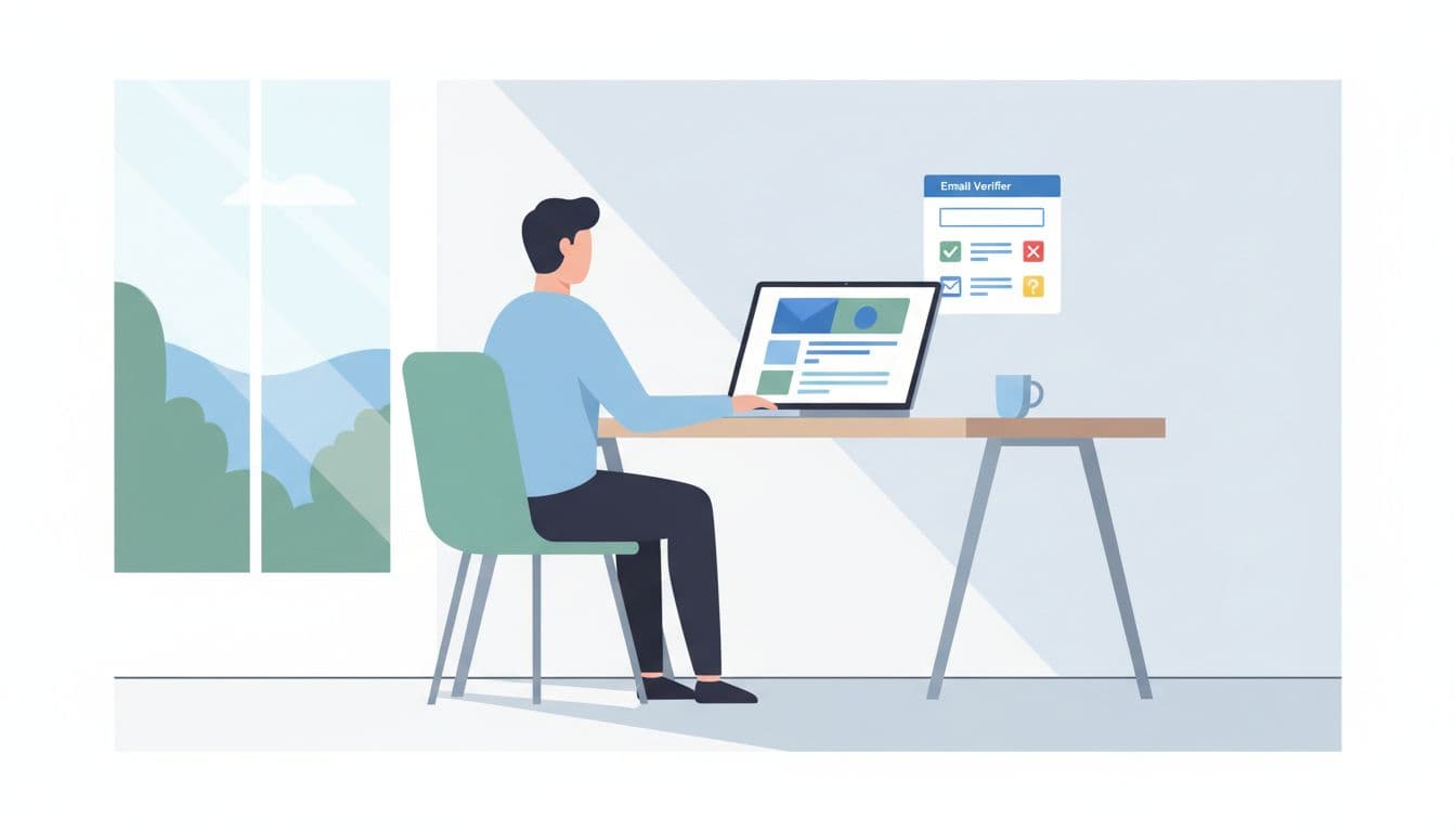 Modern illustration featuring one person at a desk with a laptop open to the Hunter.io email verifier page, showing input field and verification statuses like checkmarks and crosses, coffee mug nearby, and side window light in cool blue and green tones.