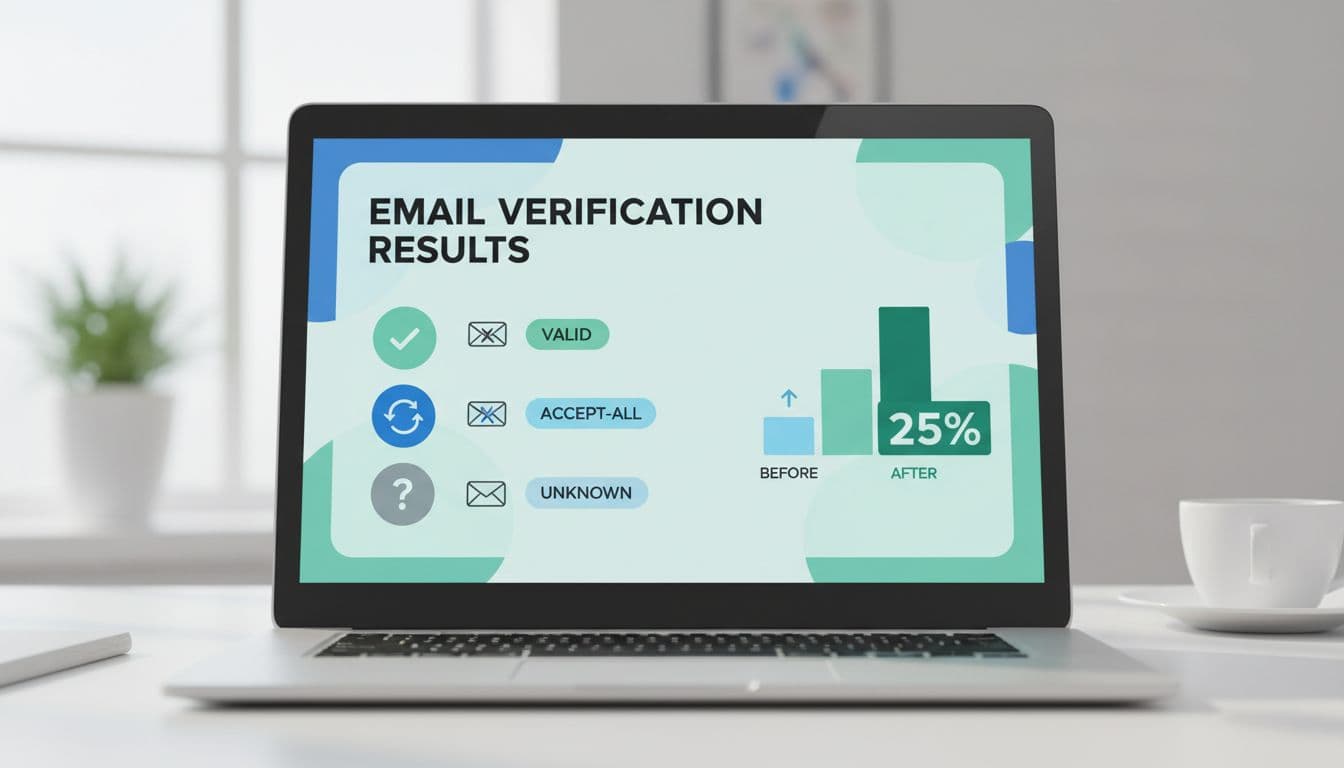 Clean modern illustration of a laptop screen close-up displaying Hunter.io email verification results with icons for valid, invalid, accept-all, and unknown email statuses, plus a bar chart for bounce rate reduction on a blurred desk.