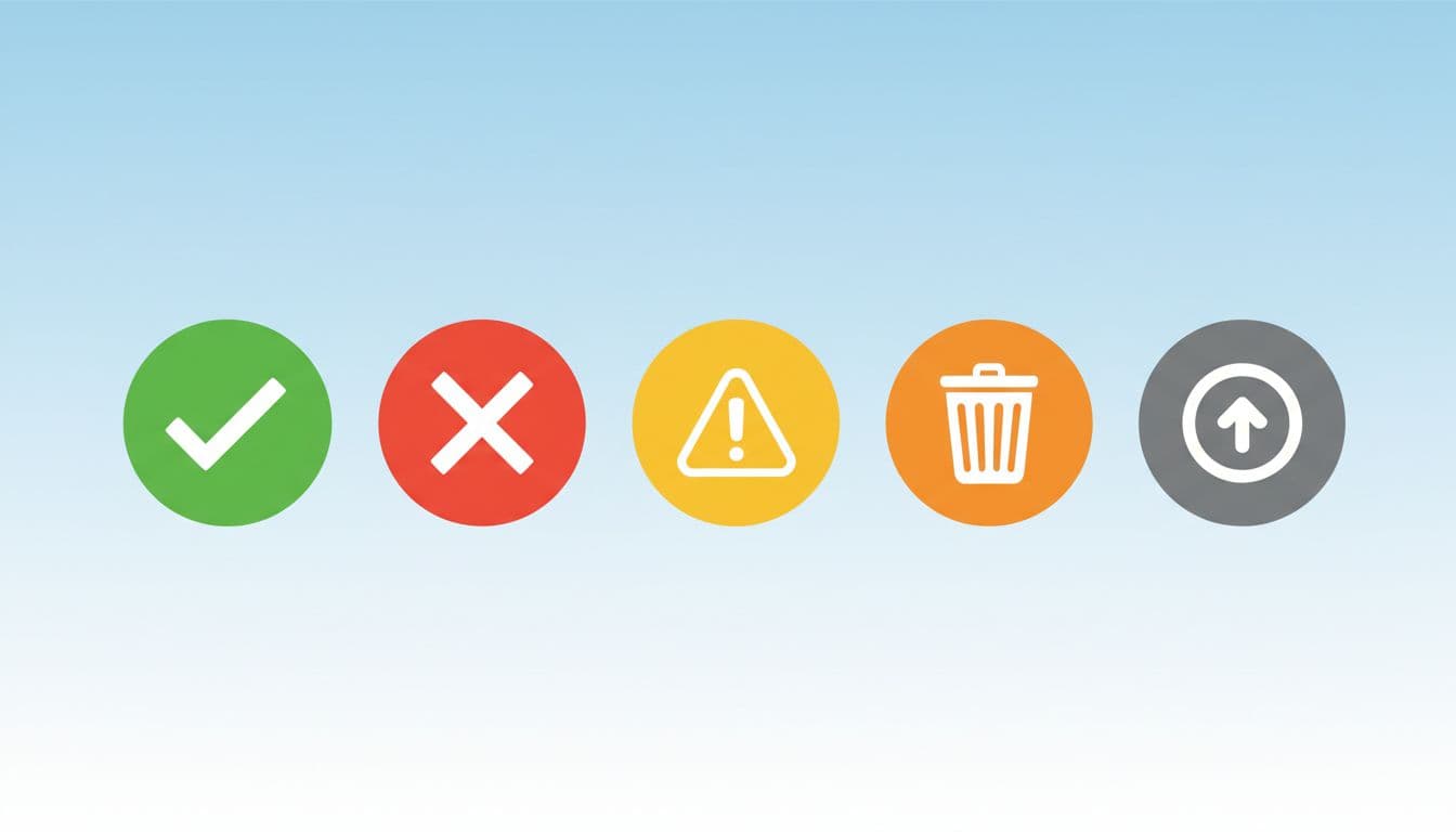 Modern illustration with clean icons for Hunter.io email verification results: green check for valid, red X for invalid, yellow warning for risky, orange for disposable, gray for catch-all, arranged in a row on a subtle blue-white gradient background.