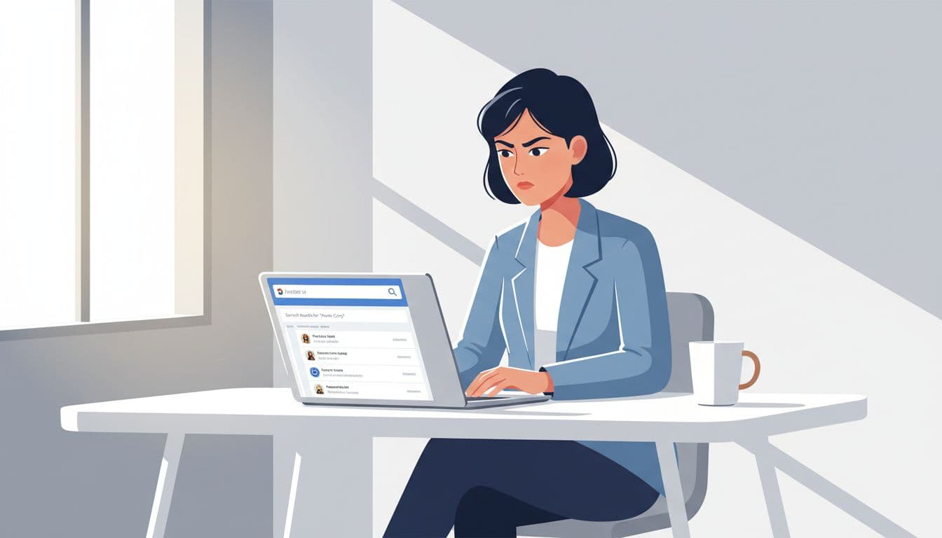 Modern illustration of a focused sales professional at a clean desk with laptop open to Hunter.io dashboard displaying email search results, coffee mug nearby, simple office setting with window light.