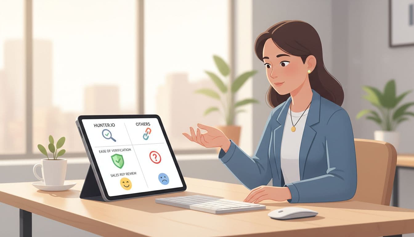 Modern illustration of a sales representative reviewing a side-by-side comparison chart of email tools like Hunter.io and alternatives on an office desk, featuring icons for data quality and ease of verification, in a clean office environment with soft lighting.