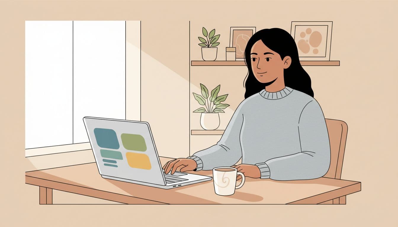 Modern illustration of a solo diverse creator in a relaxed pose at a clean desk, navigating a simple intuitive online platform dashboard on a laptop screen in a cozy home office with soft natural lighting and one coffee mug nearby.