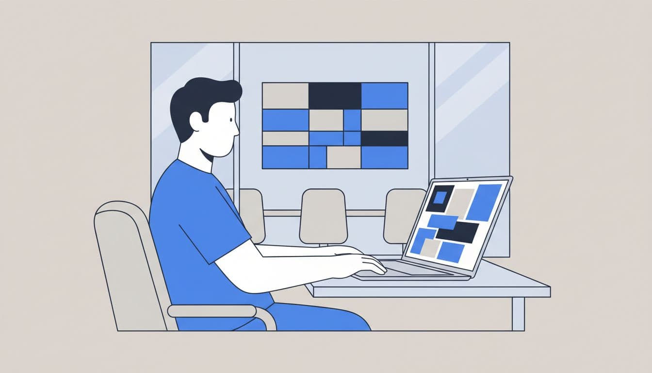 Modern illustration of a single IT administrator at a desk with an open laptop displaying the Google Workspace admin console focused on abstract Meet settings panels, side view with relaxed pose and conference room background showing a meeting grid on a large screen.