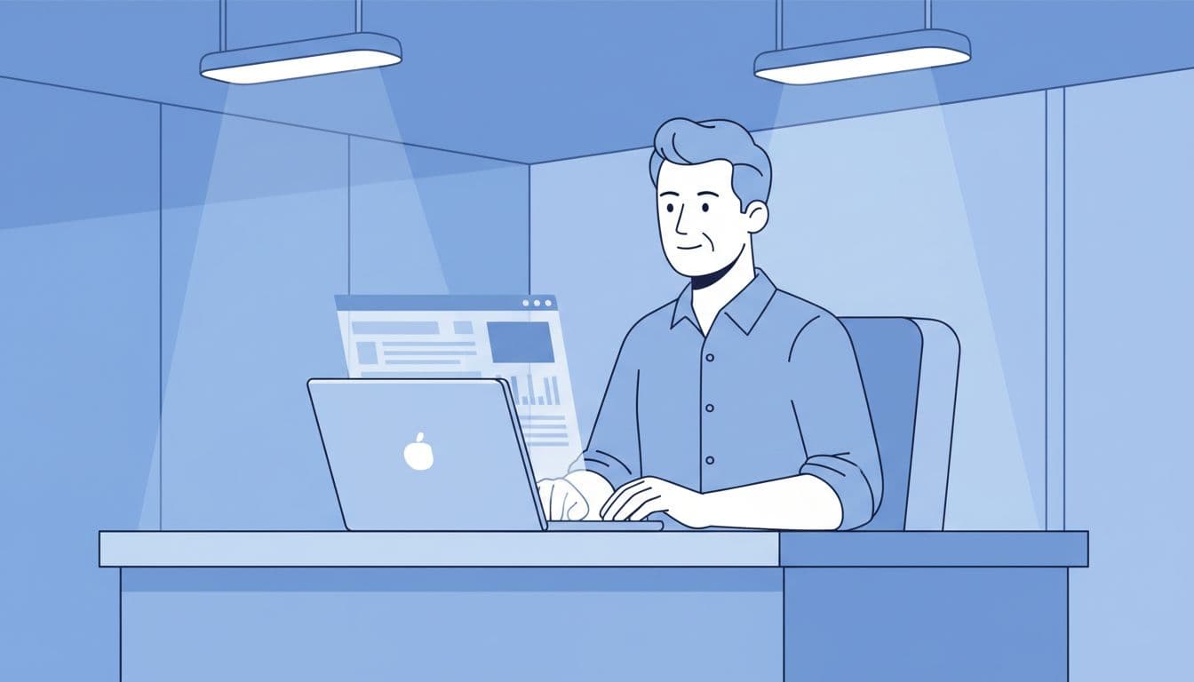 Modern illustration of an IT admin seated at a desk with a laptop open to the Google Workspace admin console displaying sharing policy settings, using a clean cool-blue palette and strong central composition.