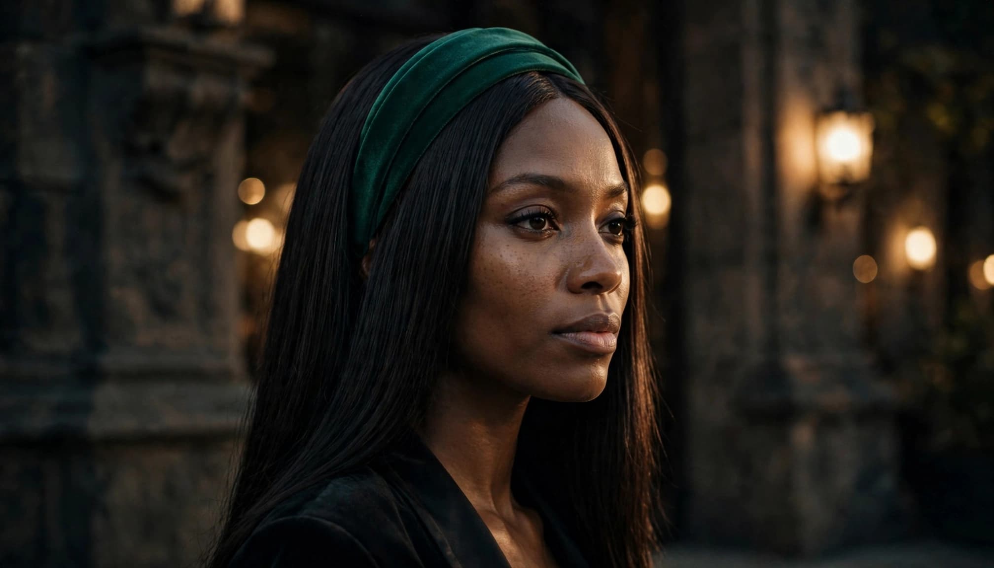 A woman in sleek straight hair and a wide jewel-tone headband stands at a warmly lit entrance.