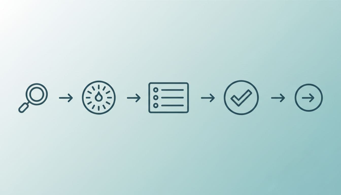 Simple flowchart icons illustrating the keyword discovery process: search icon, filter dial, keyword list, checkmark validation, connected by arrows in a horizontal flow on a light blue-green background.