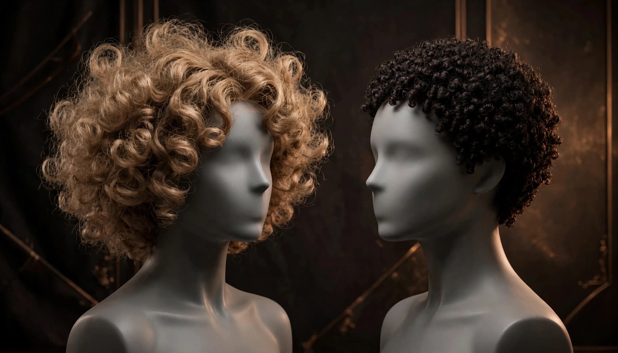 Two mannequin heads display wigs with airy curls and compact, tightly defined coils.