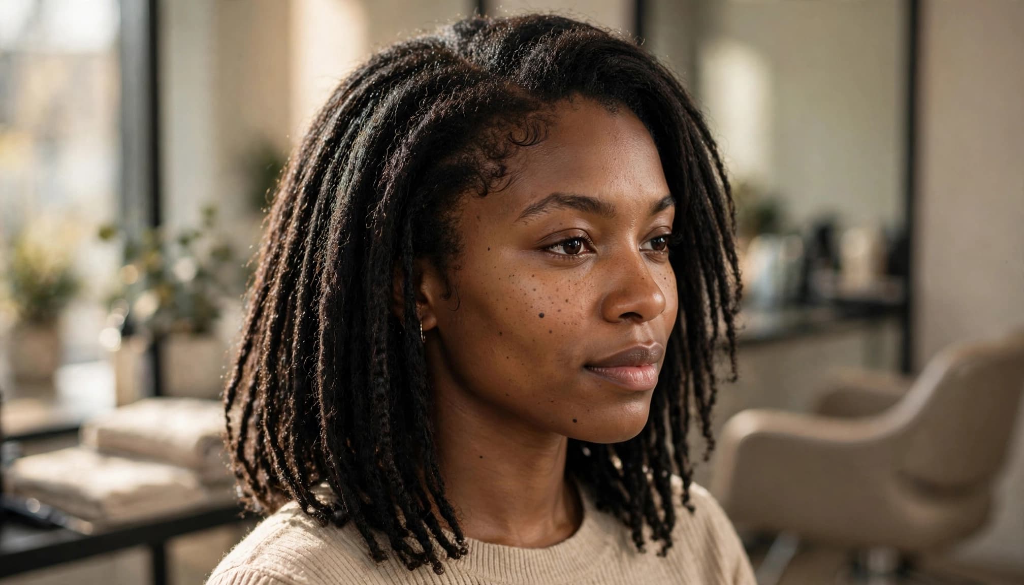 A woman shows a kinky-straight sew-in blended with her natural hairline.