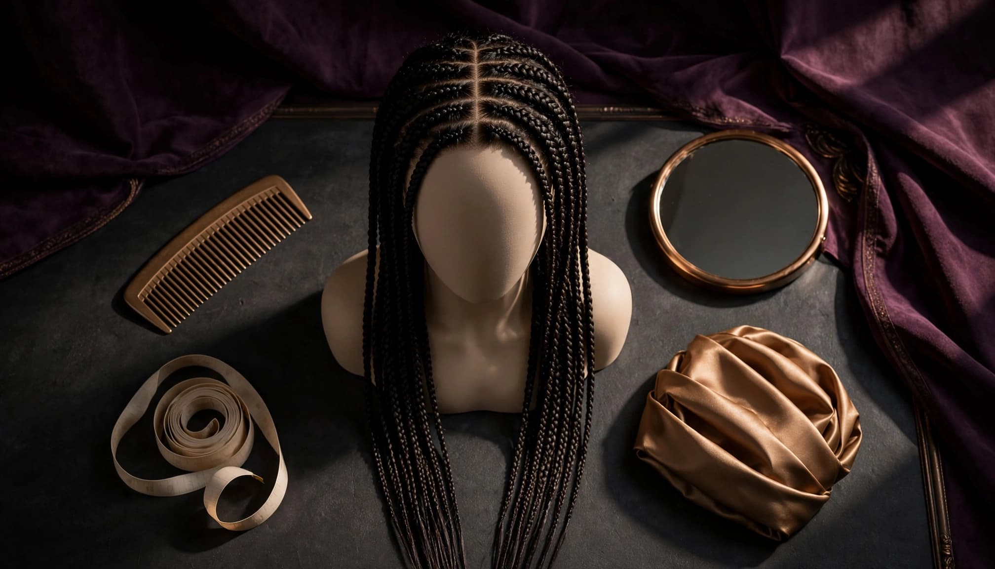 Knotless braid wig on a mannequin head with a measuring tape, comb, cap, and mirror.