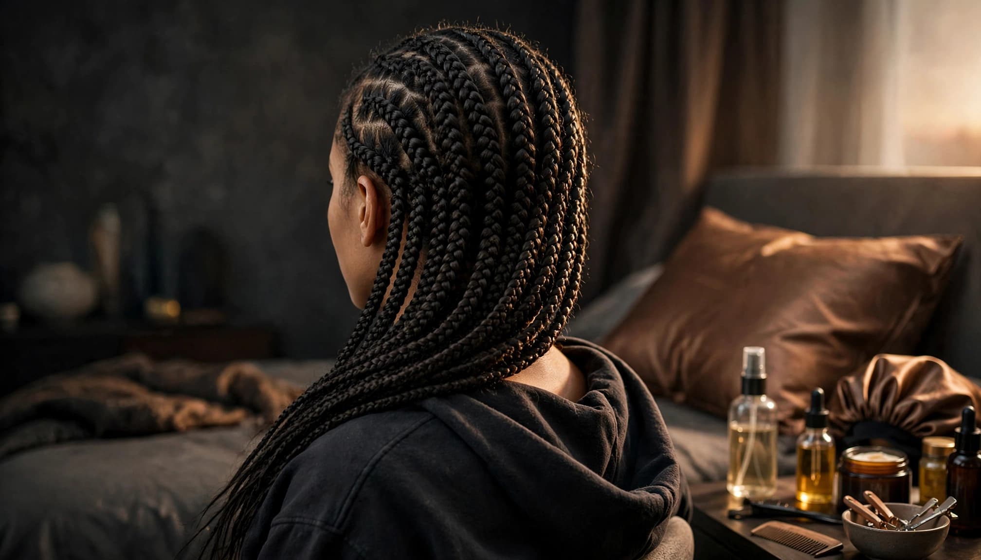 Person with knotless braids gathered over one shoulder in a softly lit bedroom.