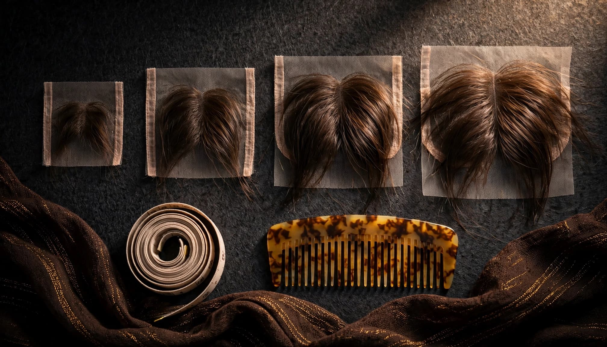 Four lace closures in different sizes beside a measuring tape and wide-tooth comb.