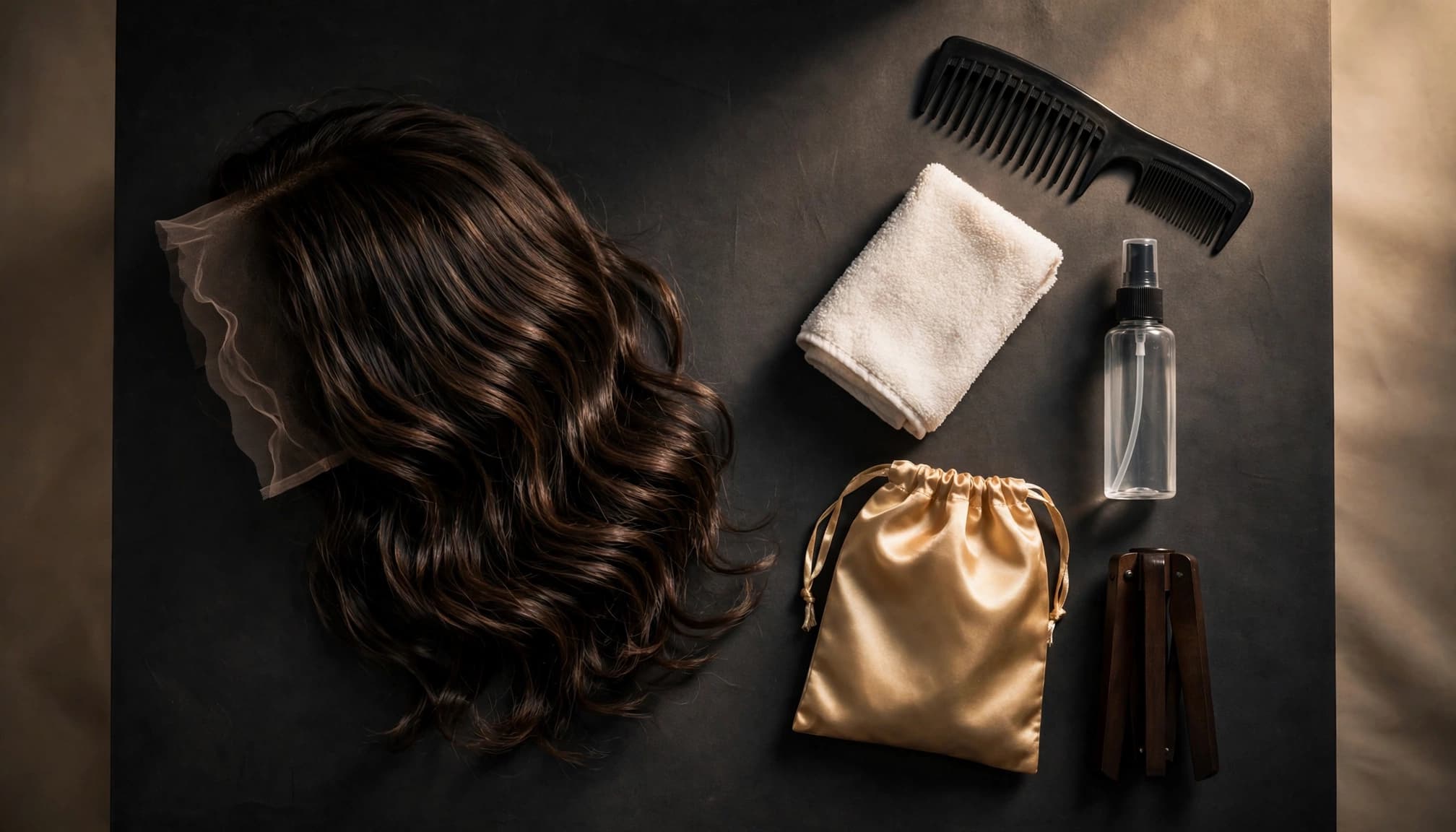 Wavy wig with comb, towel, spray bottle, satin bag, and stand on a dark table.