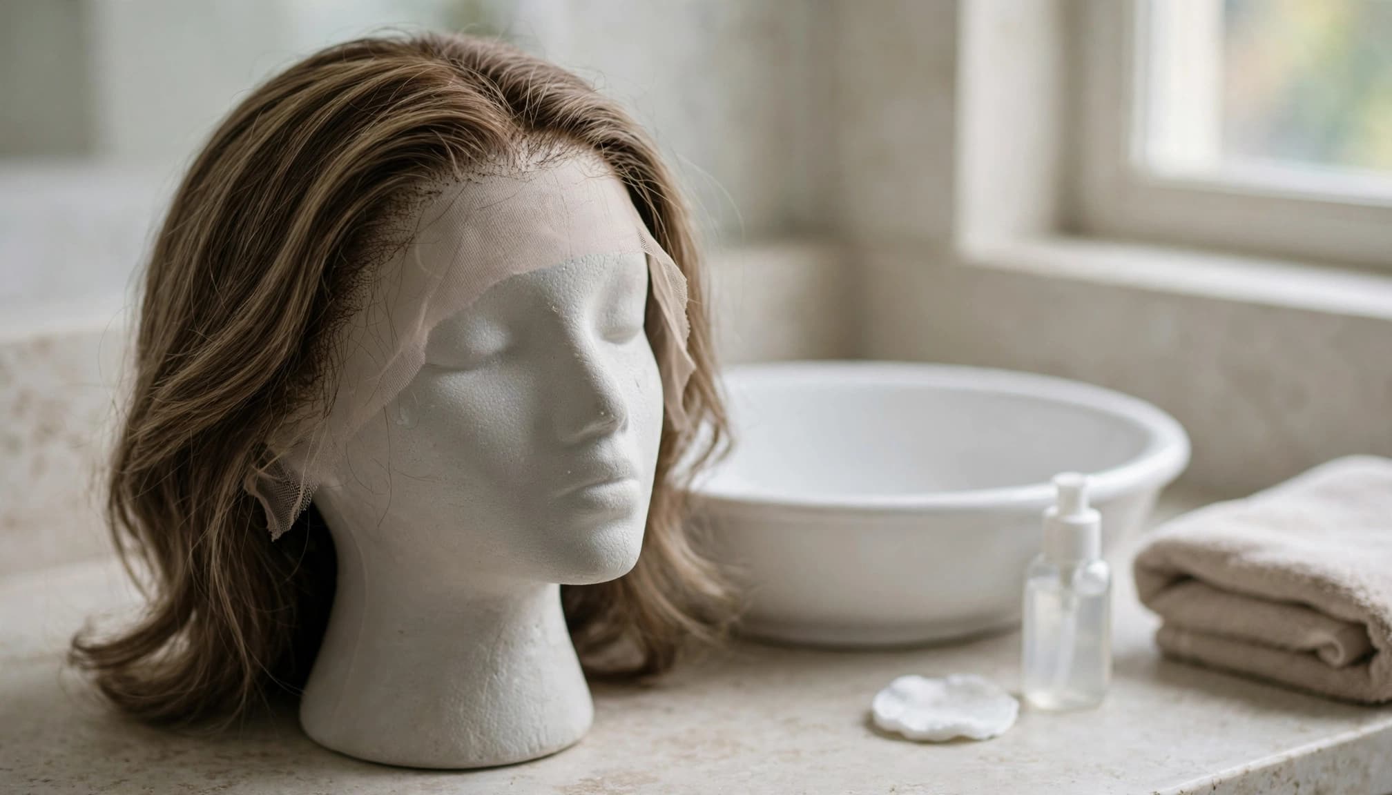 A wig on a mannequin beside a basin, cotton pad, remover bottle, and folded towel.
