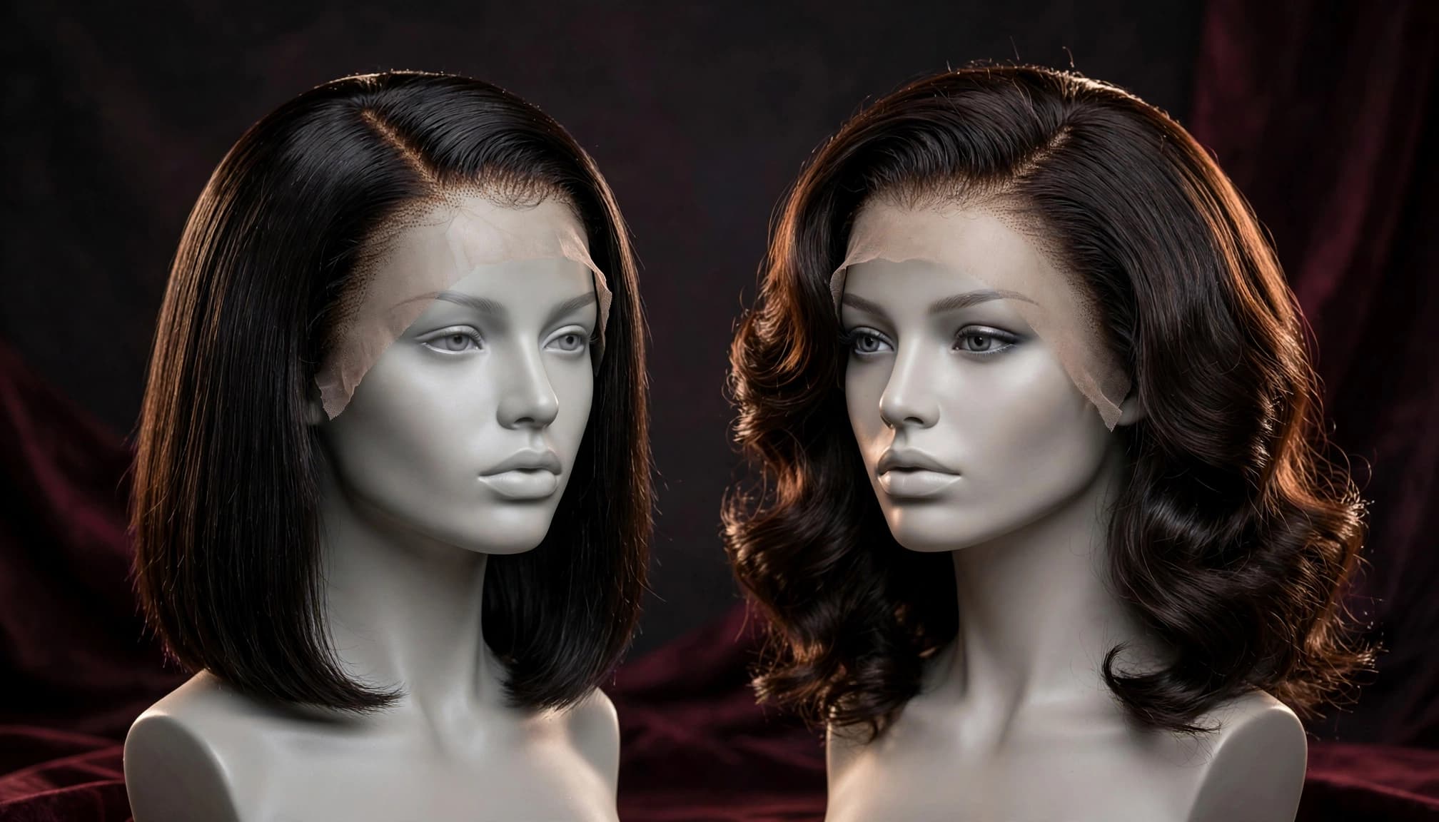 Two mannequin heads display polished lace front wigs with different hairlines and parting spaces.