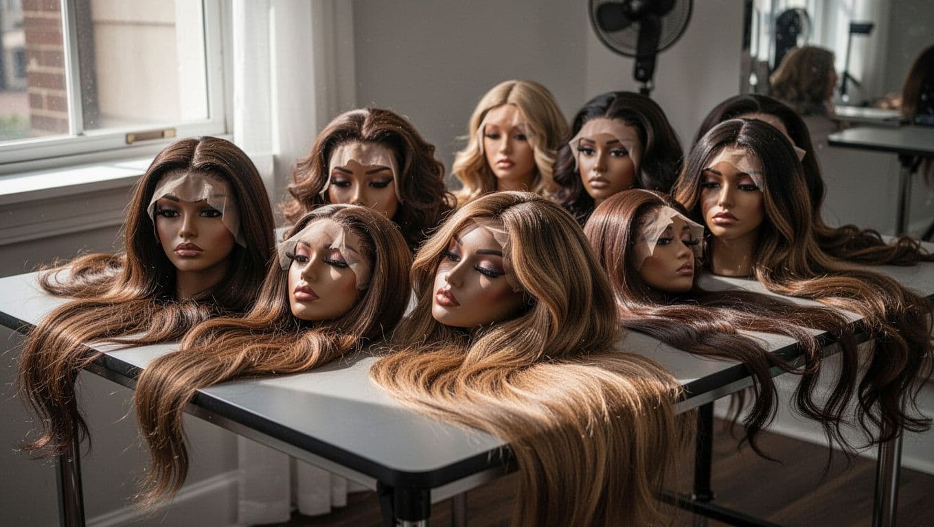Lace front wigs in different lengths and densities on a styling table.