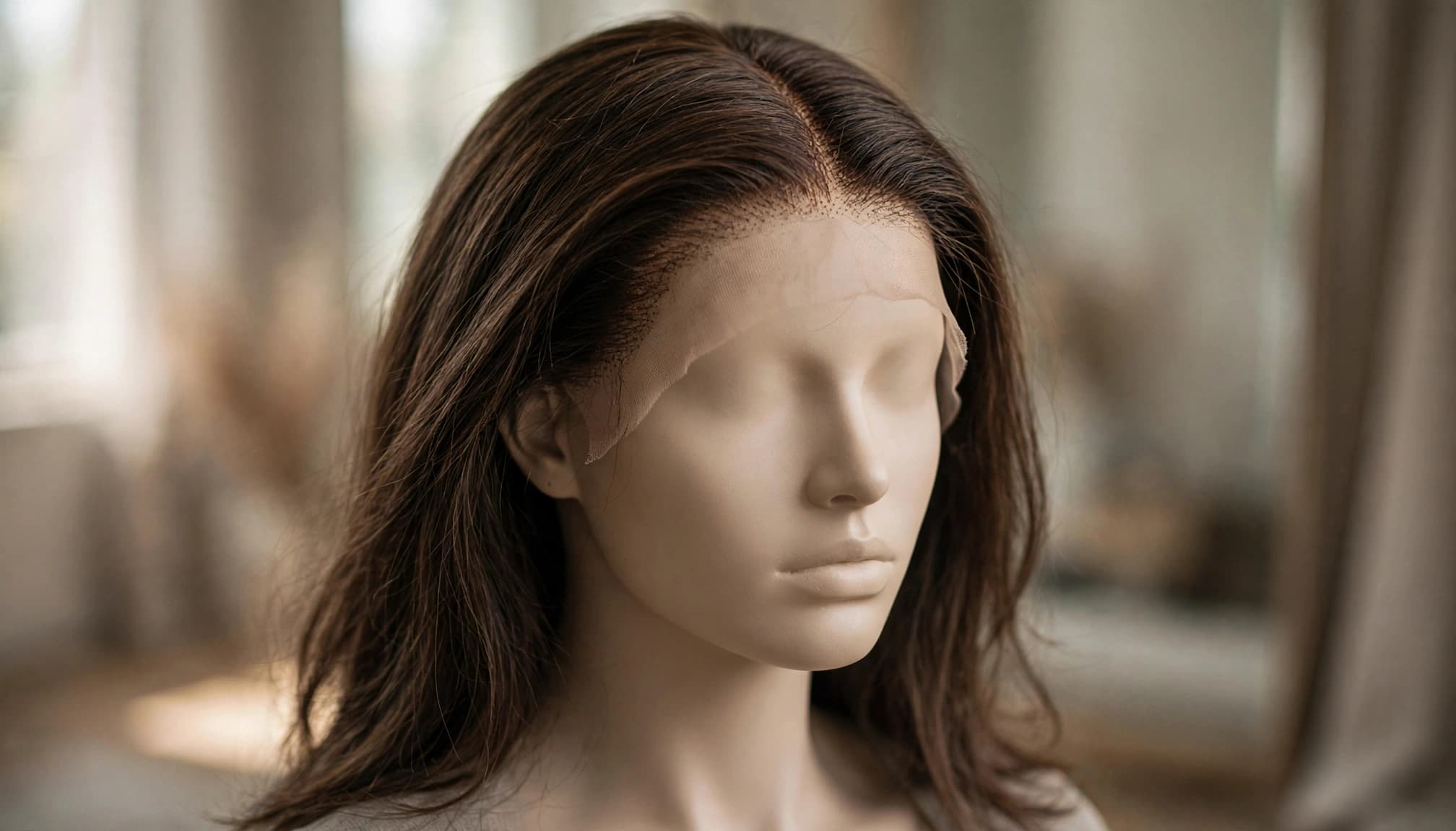 A mannequin wears a wig with a visible center part and lace hairline.