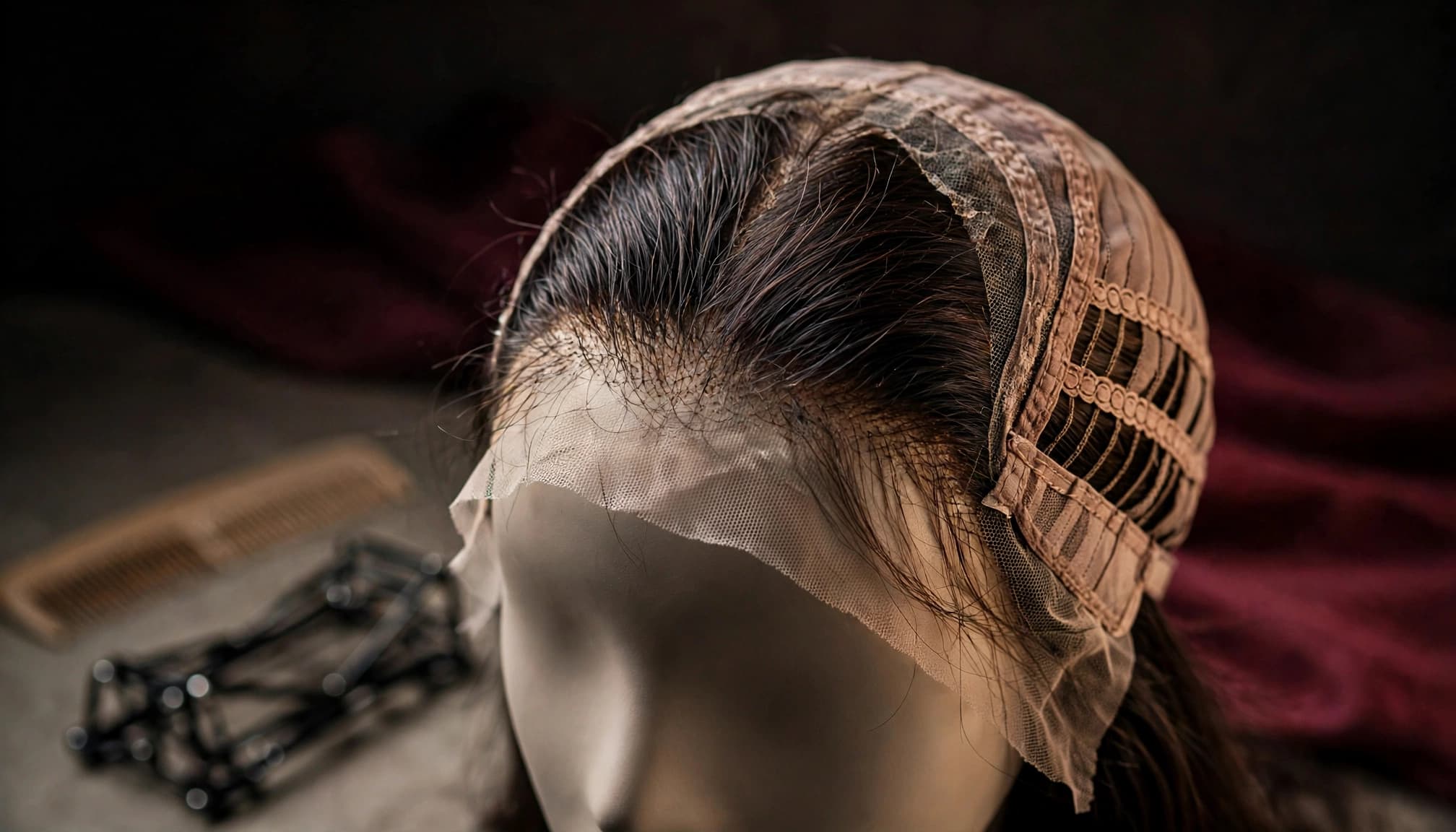 Close-up of a lace front wig hairline and cap on a mannequin head.