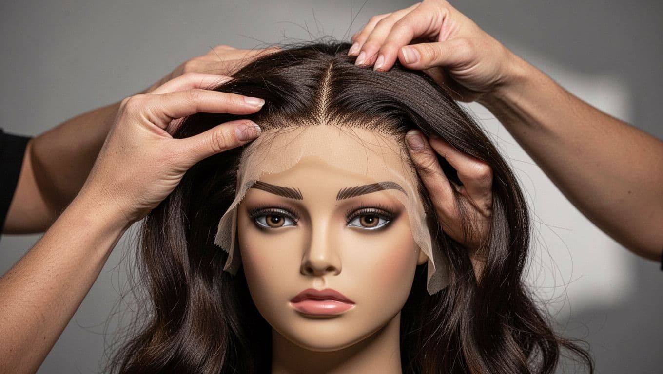 A hand parts a lace front wig on a mannequin head.