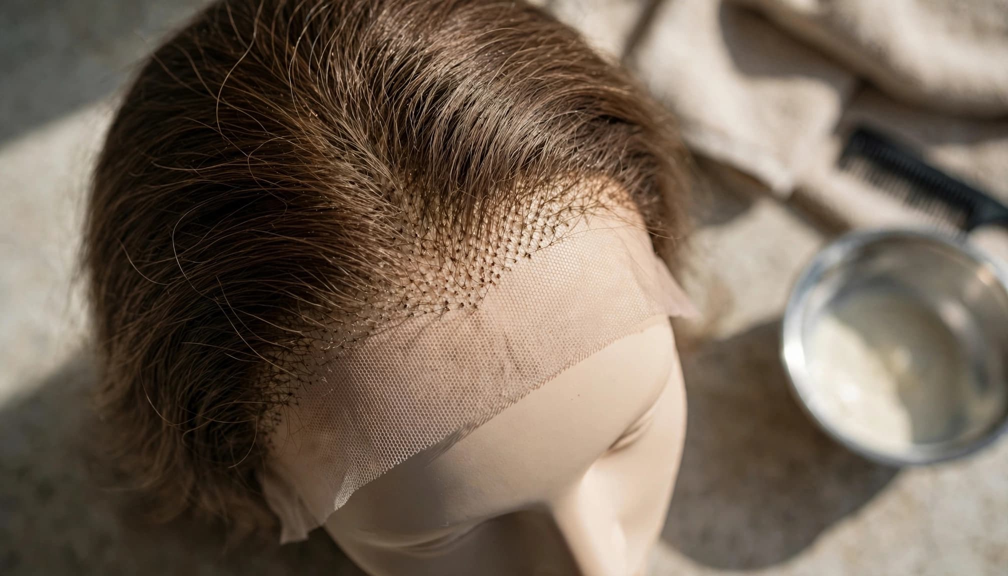 A wig on a mannequin head with fine knots visible along the lace hairline.