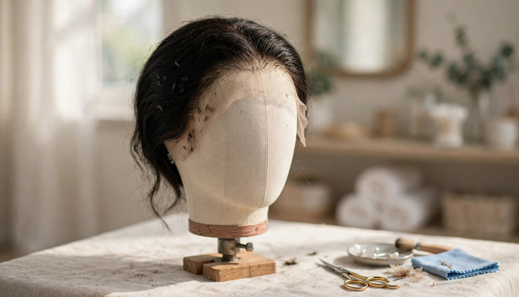 A dark wig on a mannequin head with its lace edge visible and scissors nearby.