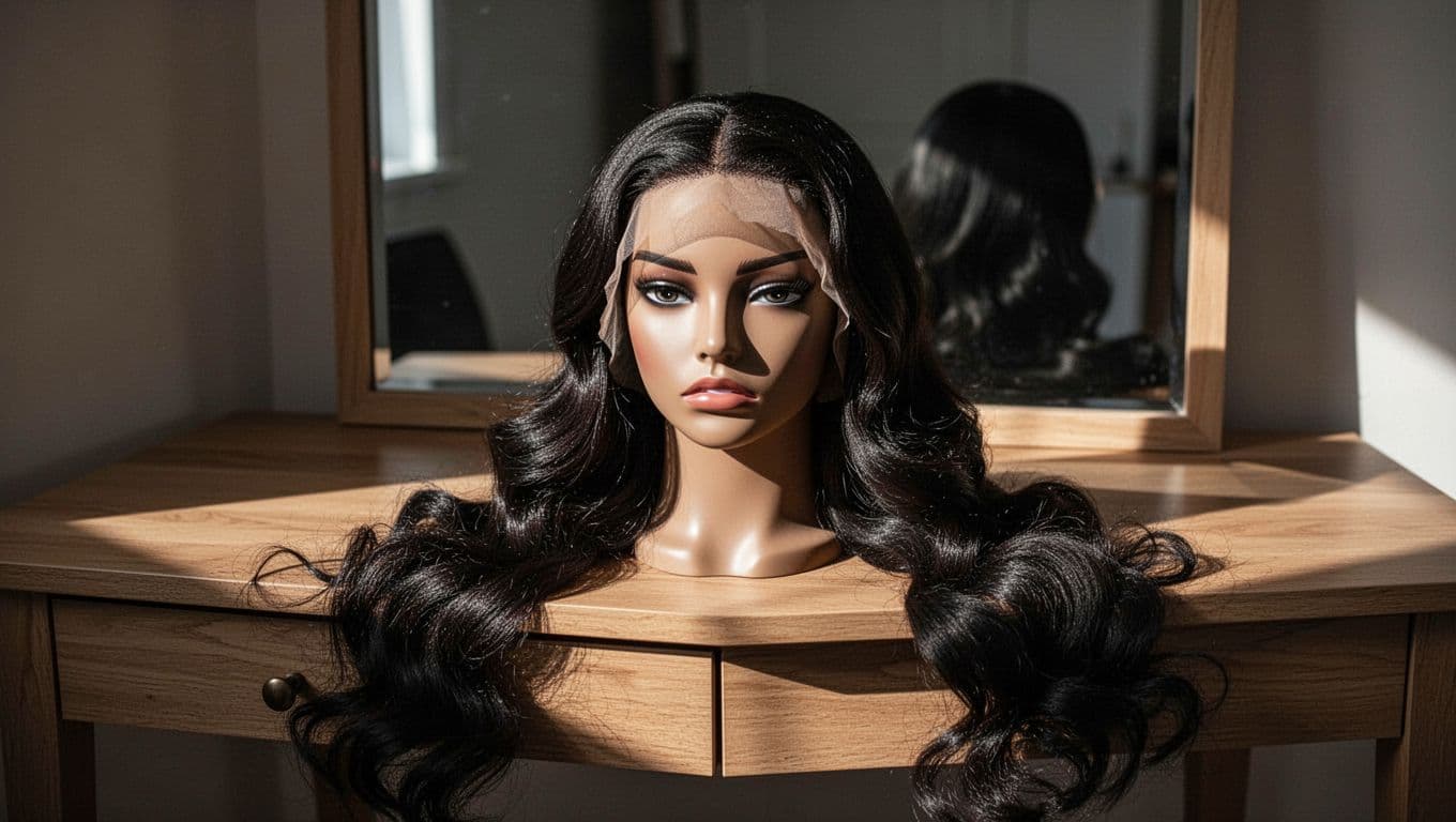 Mannequin head wearing a lace front wig on a wooden vanity.