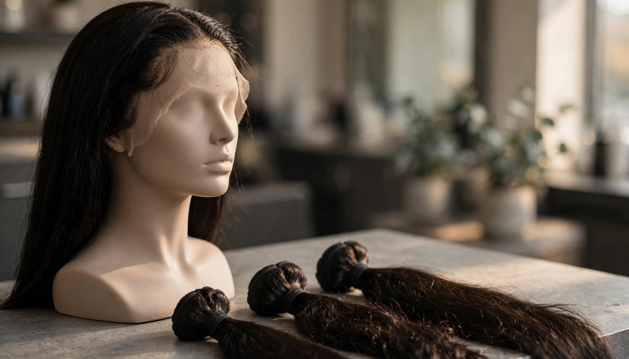 A mannequin head with a lace frontal wig and three hair bundles on a salon counter.