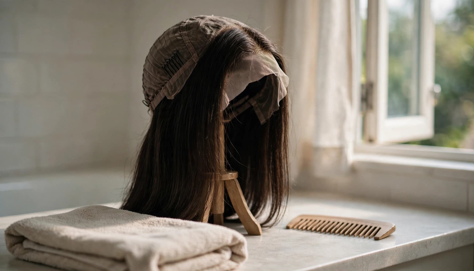 A straight lace wig dries on a stand beside a folded towel and comb.