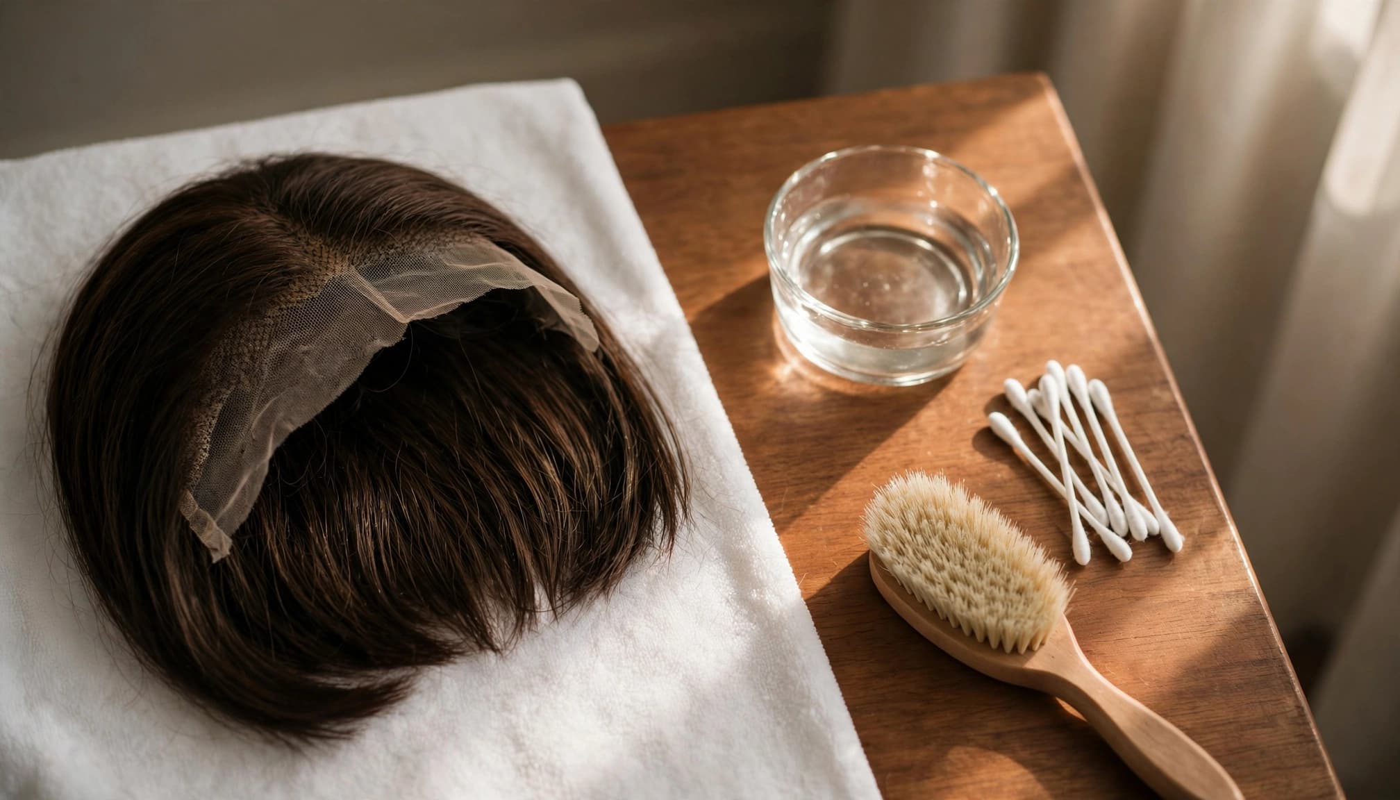 A lace-front wig and separate cleaning tools sit on a white towel.
