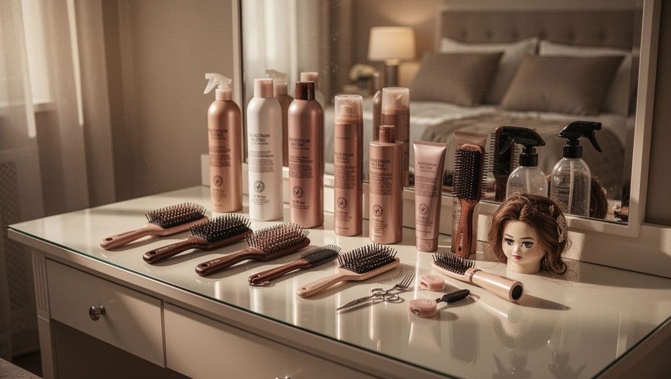 Lace wig care tools and hair products arranged on a warmly lit vanity.
