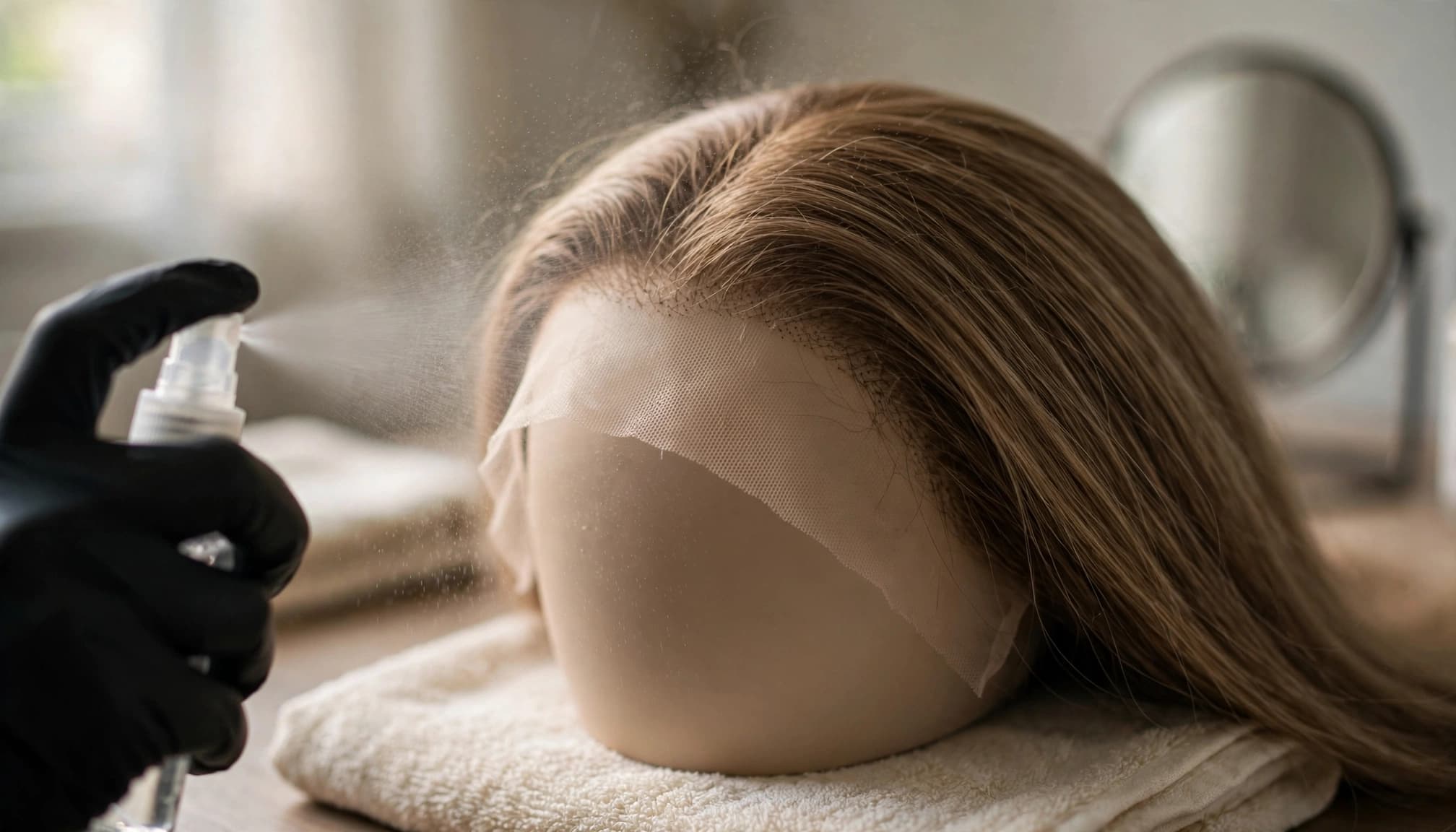 A gloved hand mists the underside of a wig's lace near the hairline.