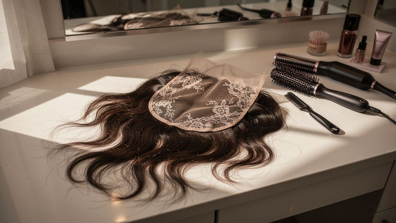 A lace closure wig rests on a vanity beside hair styling tools.