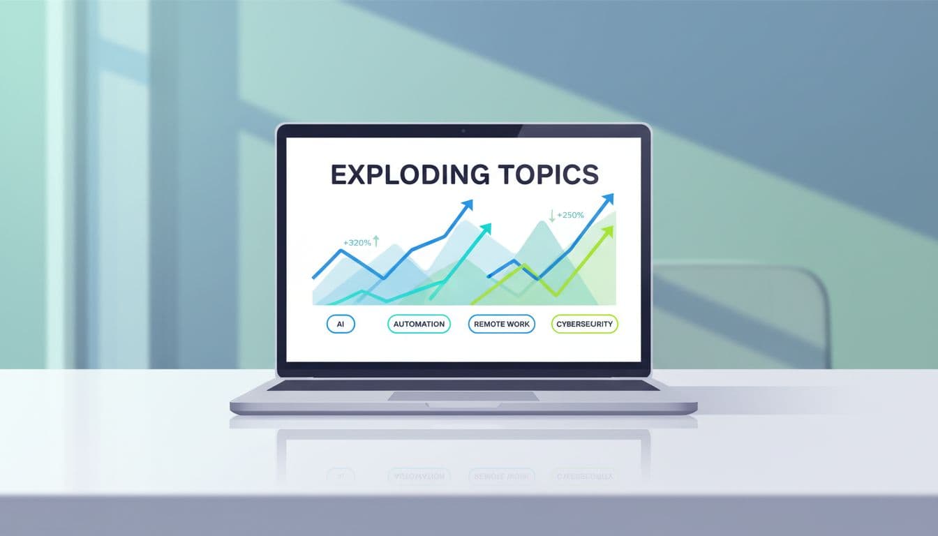 Modern illustration of a laptop on a clean desk showing the Exploding Topics dashboard with colorful rising trend graphs for AI and automation topics, using a blue and green palette.
