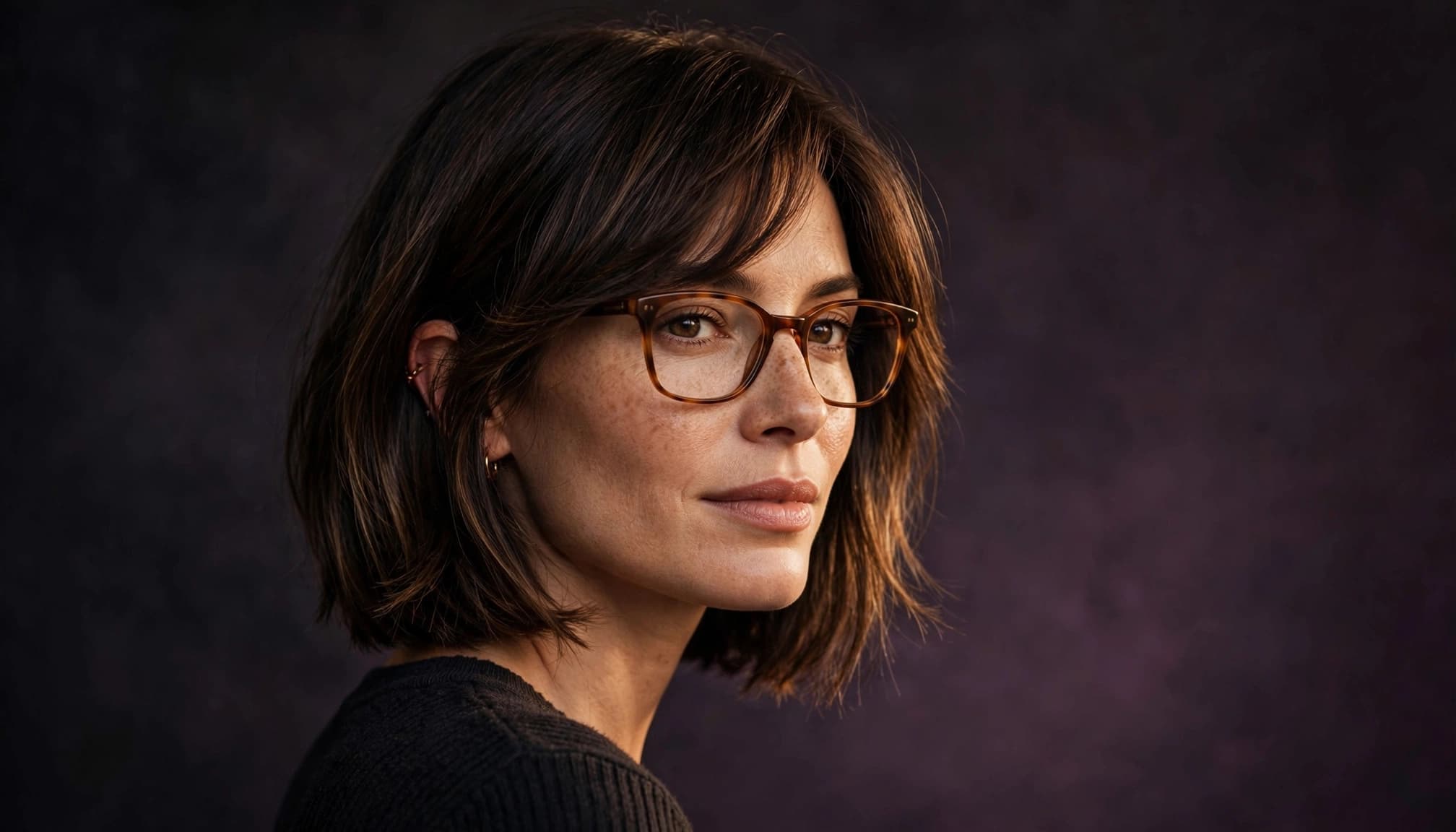 Woman wearing glasses and a layered bob wig against a dark plum studio background.