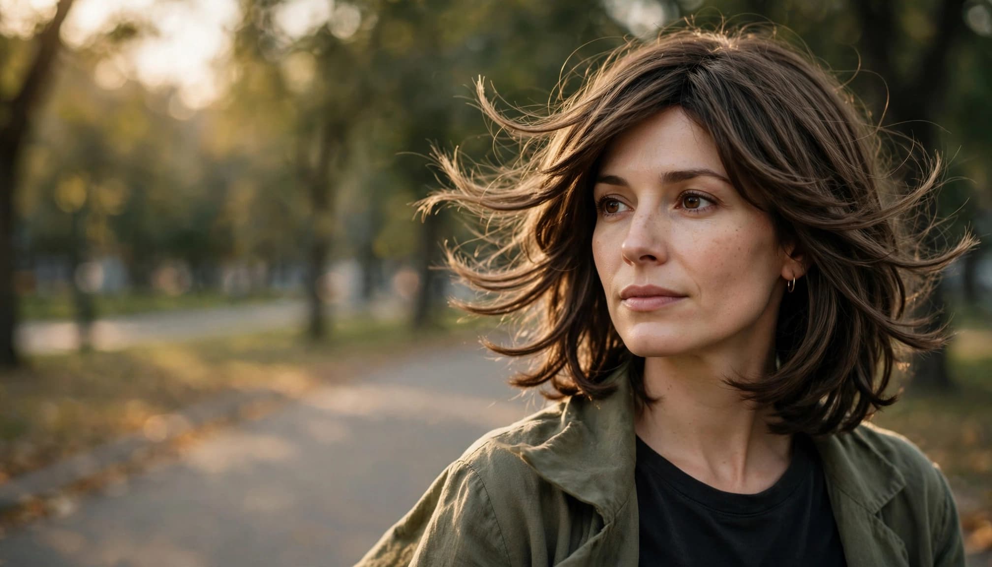 A woman with gently moving layered hair stands on a sunlit park path.