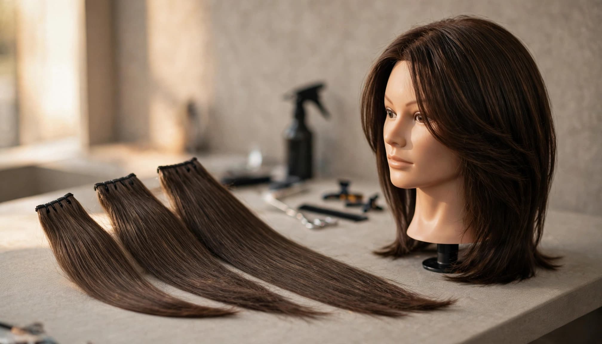 Three hair wefts in graduated lengths sit beside a mannequin with a layered sew-in.