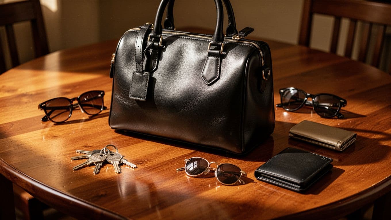 Leather handbag with keys, sunglasses, and a wallet on a wooden surface.