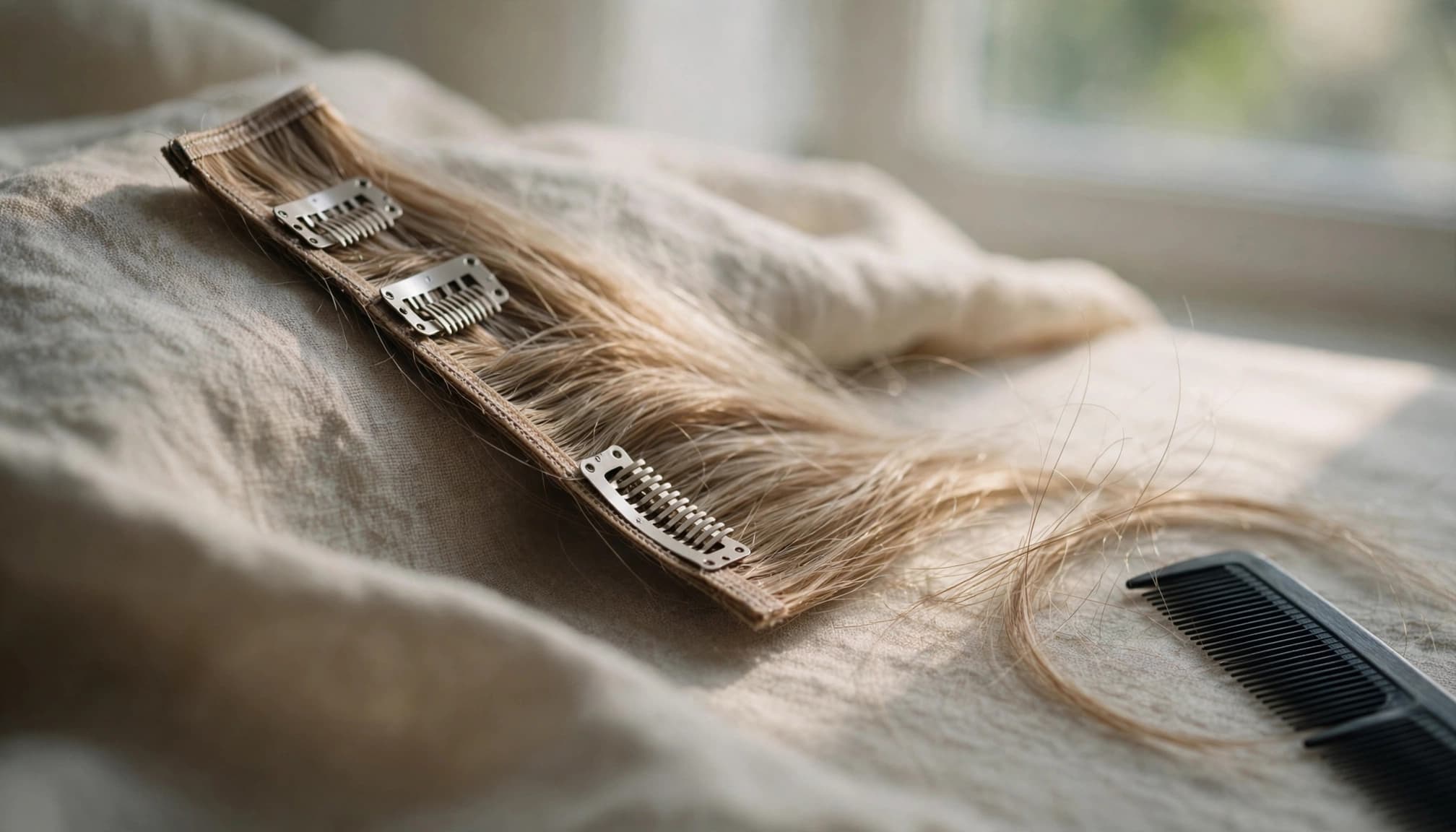 A slim clip-in hair weft beside matching strands and a fine-tooth comb.